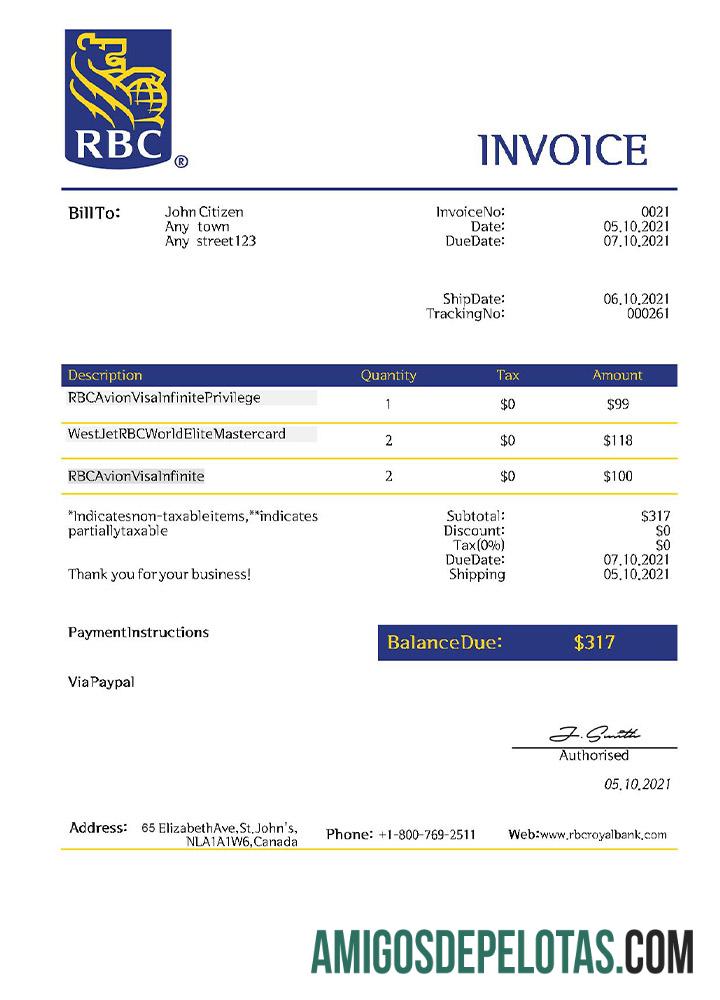 Fatura RBC dos EUA modelo
